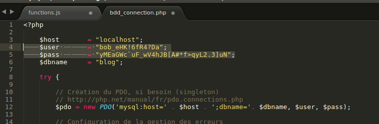 Capture d'écran de code PHP : On ajuste l'utilisateur, le mot de passe, les autres options & on peut maintenant se connecter avec le nouvel utilisateur