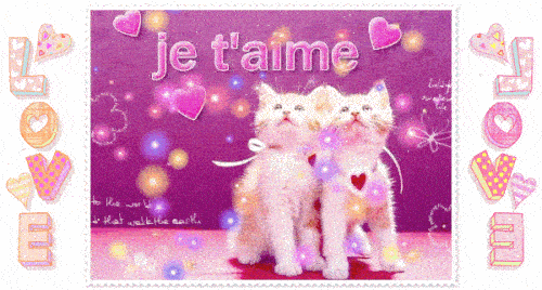 Gif de chats mignons bien pixéllisés avec marqué "je t'aime" "love" des des chtis coeurs rose rouge orange trop choupi-cutie-mignonet