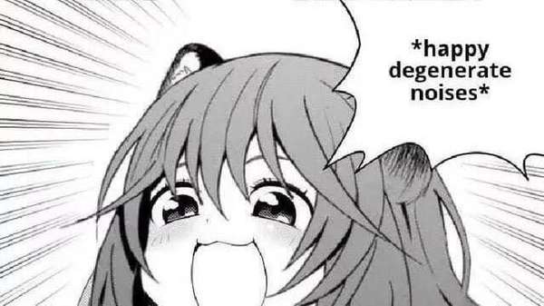 Illustration manga avec une tête de fille chat mignonne et la mention *happy degenerate noises*
